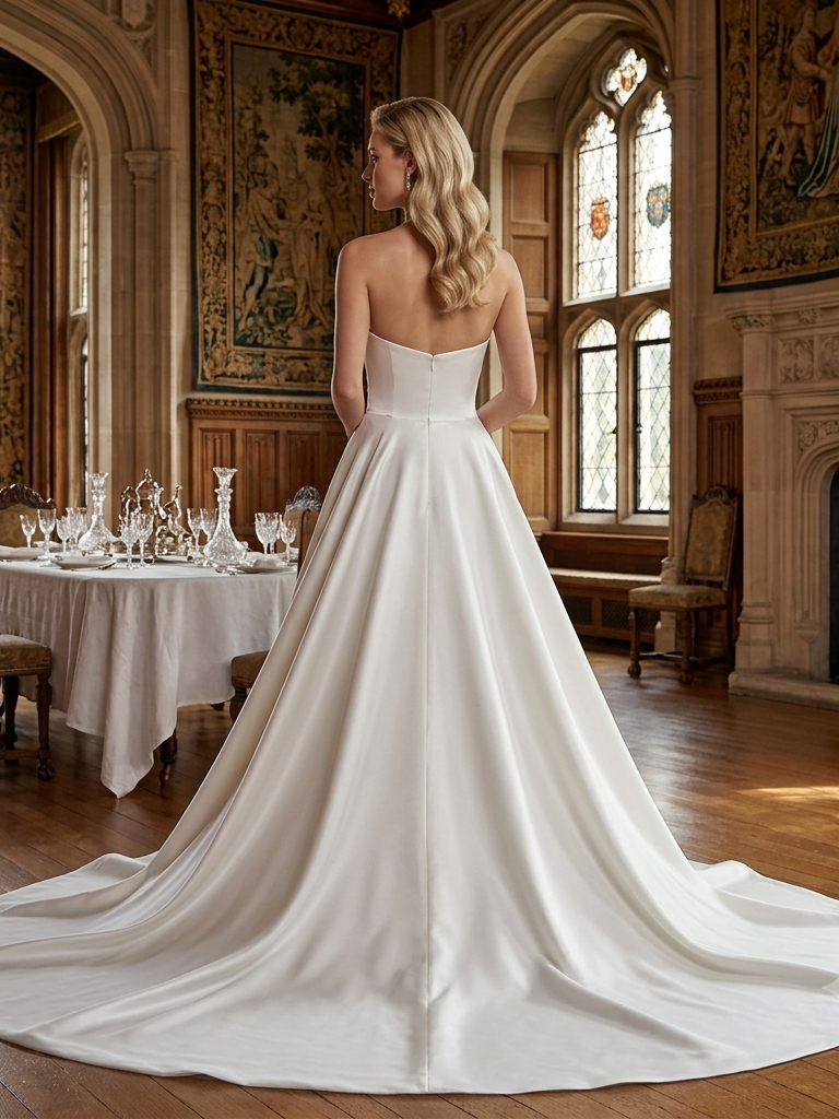 Lacey Bridal Ltd. Emmeline strapless satin wedding gown with a detachable overskirt and cathedral train in a manor.