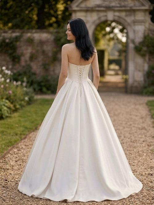 Lacey Bridal Ltd. ALESSIA strapless satin ballgown with lace-up corset back and voluminous box-pleated skirt