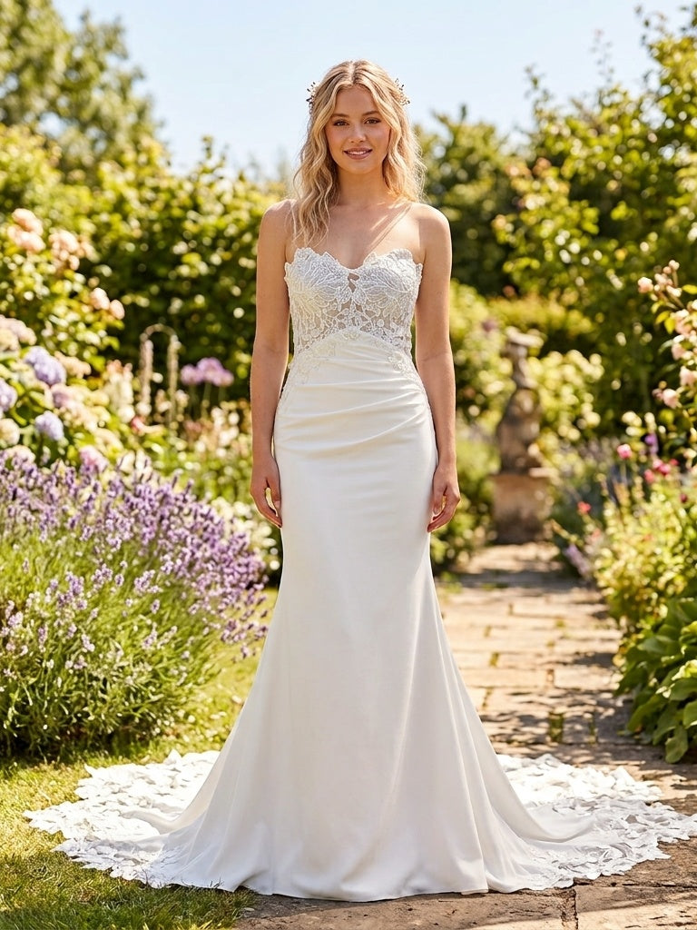 Lacey Bridal Ltd. Amarantha strapless crepe sheath wedding gown with botanical lace bodice and scalloped train.