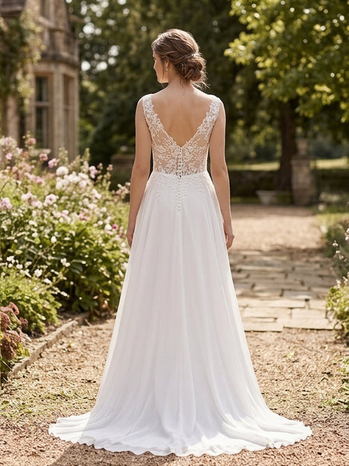 Lacey Bridal Ltd. Ambrosia chiffon A-line wedding gown with botanical lace V-back and fabric-covered buttons