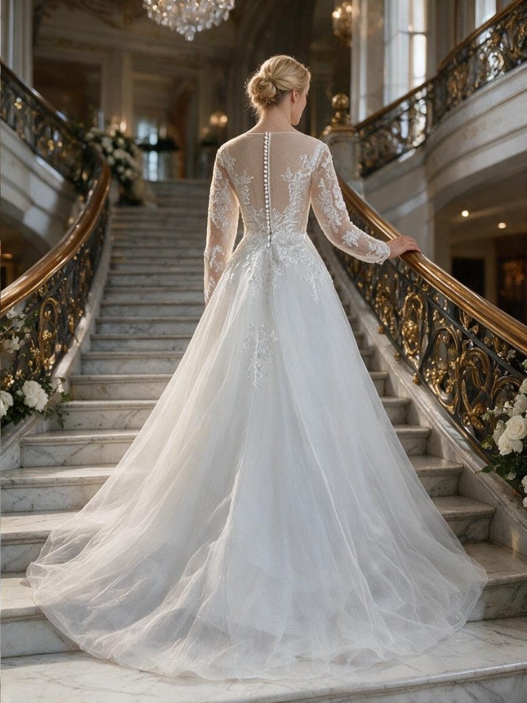 Lacey Bridal Ltd. Anastasia wedding dress with illusion back, floral lace sleeves, and shimmering tulle train.