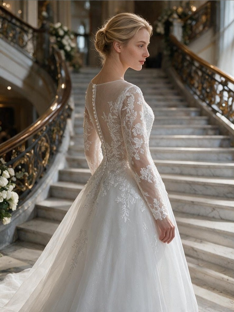 Lacey Bridal Ltd. Anastasia wedding dress with long illusion sleeves, floral lace bodice, and tulle skirt on staircase.