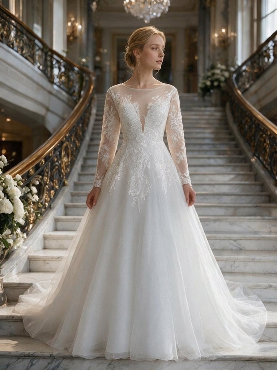 Lacey Bridal Ltd. Anastasia wedding dress with long illusion sleeves, floral lace bodice, and shimmering tulle skirt.