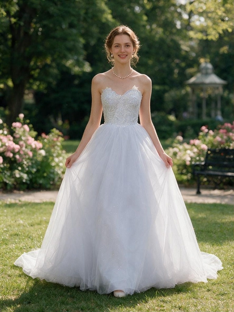 Lacey Bridal Ltd. Arabella strapless sweetheart wedding gown with floral lace bodice and layered tulle skirt in garden