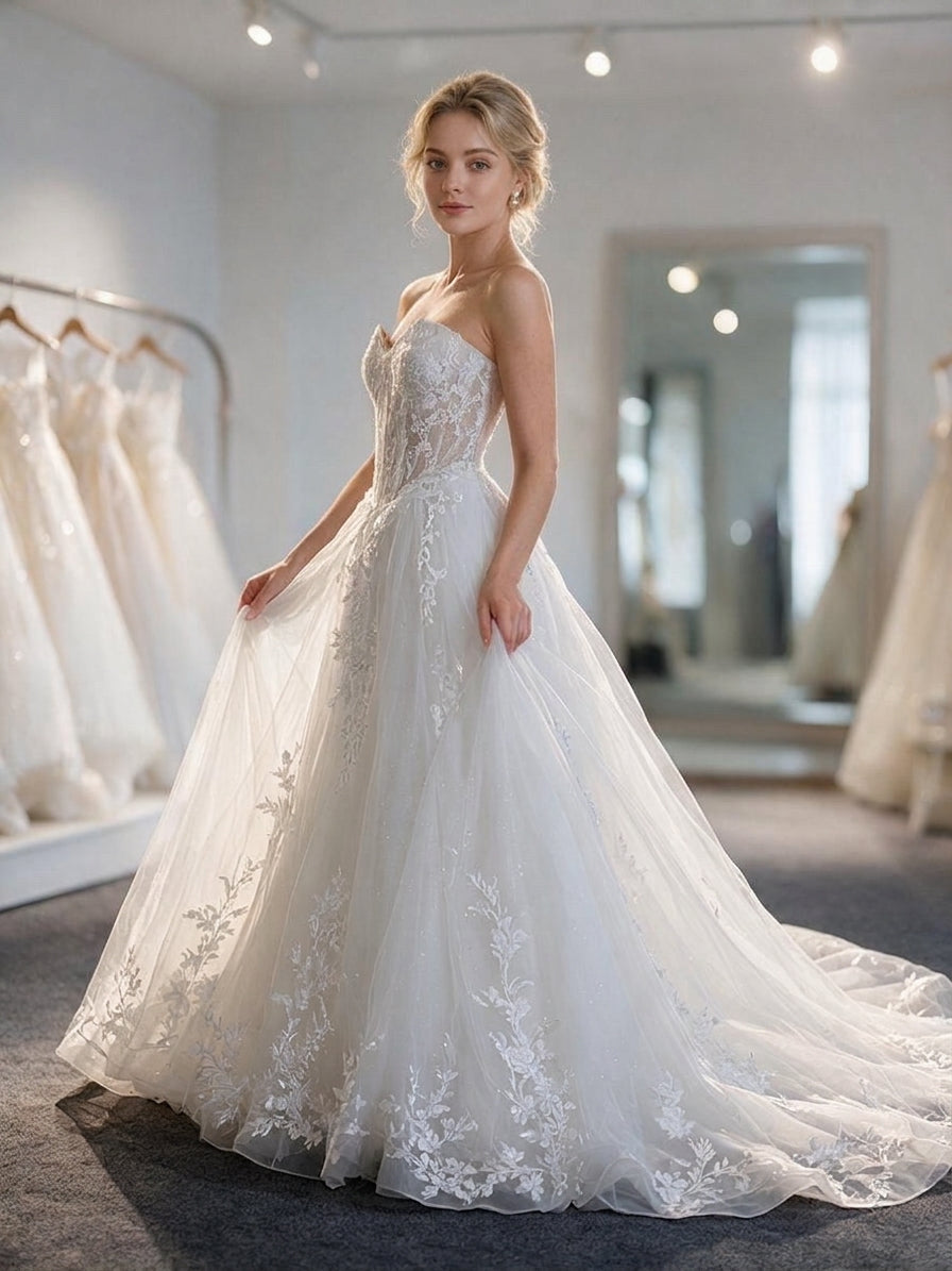 Lacey Bridal Ltd. Araminta strapless A-line wedding gown with lace bodice, tulle skirt, and botanical embroidery.
