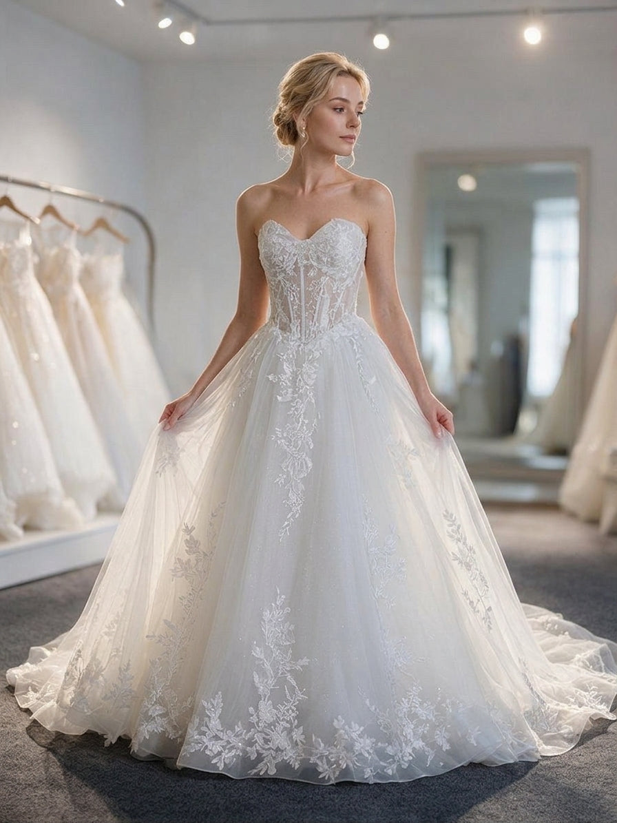 Lacey Bridal Ltd. Araminta strapless A-line wedding gown with lace bodice, tulle skirt, and botanical embroidery.