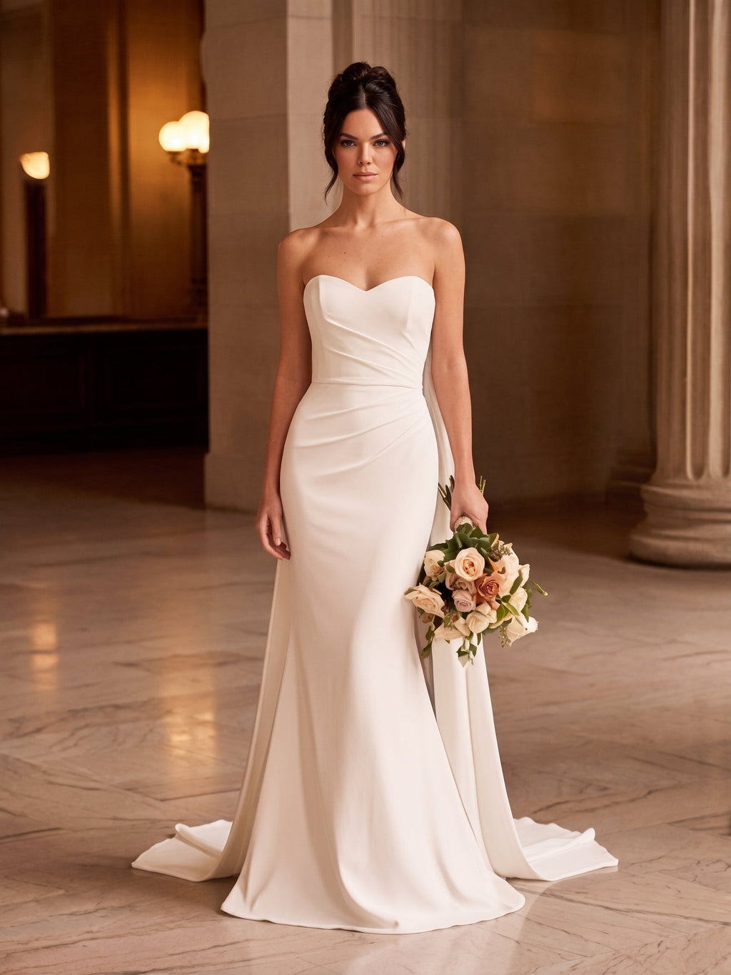 Lacey Bridal Ltd. Arielle strapless mermaid wedding gown in white stretch crepe with ruched bodice and sweeping train.