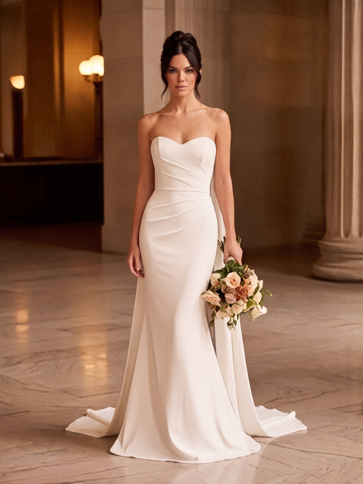 Lacey Bridal Ltd. Arielle strapless mermaid wedding gown in white stretch crepe with ruched bodice and sweeping train.