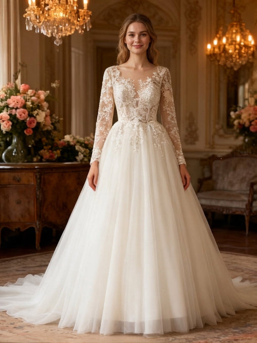 Lacey Bridal Ltd. ASTREA A-line wedding gown with long lace sleeves, illusion neckline, and full tulle skirt.