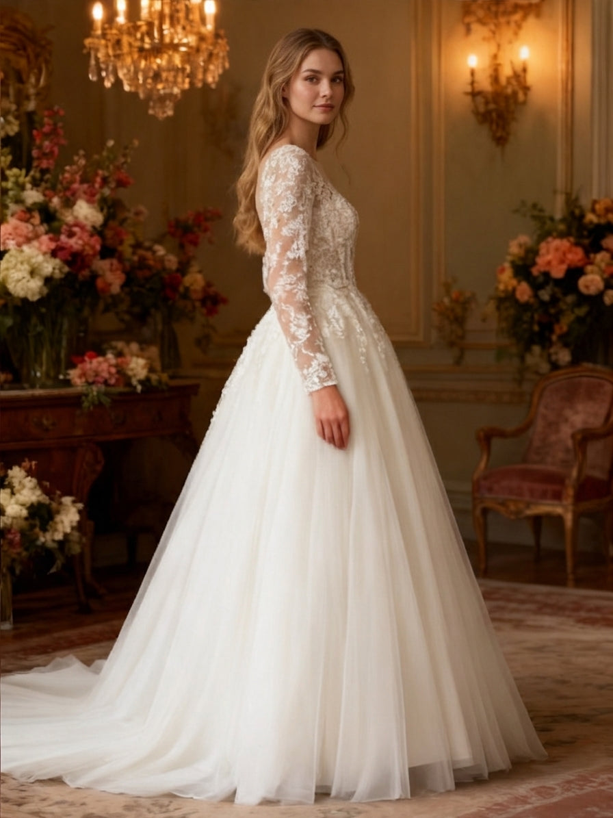 Lacey Bridal Ltd. ASTREA long-sleeve A-line wedding gown with floral lace bodice, illusion neckline, and tulle skirt.