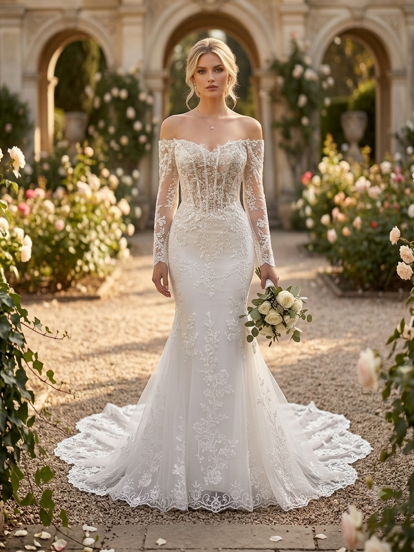 Lacey Bridal Ltd. Augusta off-the-shoulder lace wedding gown with corset bodice and chapel train in a garden setting.