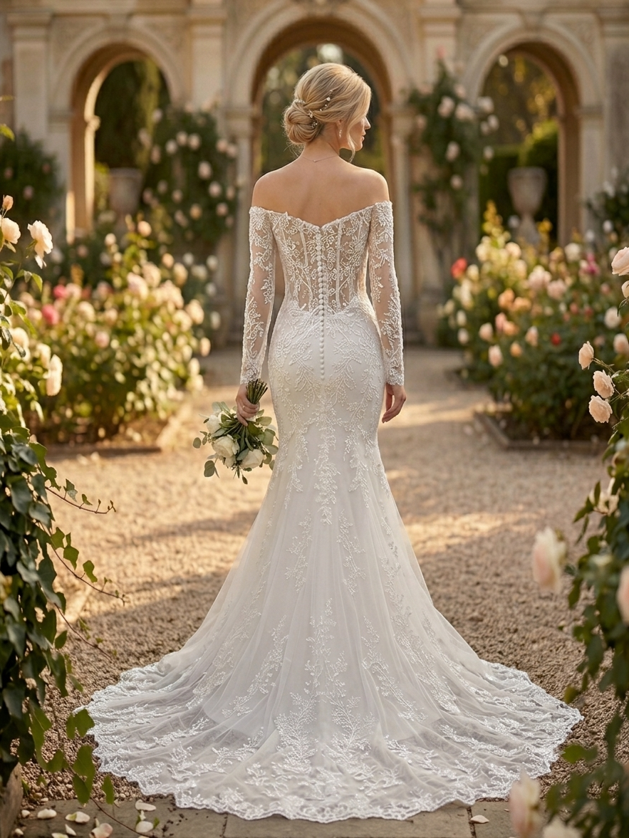 Lacey Bridal Ltd. AUGUSTA fit-and-flare wedding gown with off-the-shoulder lace sleeves, corset back, and chapel train.