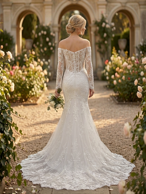 Lacey Bridal Ltd. AUGUSTA fit-and-flare wedding gown with off-the-shoulder lace sleeves, corset back, and chapel train.