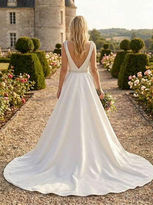 Lacey Bridal Ltd. AURORABELLE ivory satin A-line wedding dress with a deep V-back and crystal beaded waist belt.