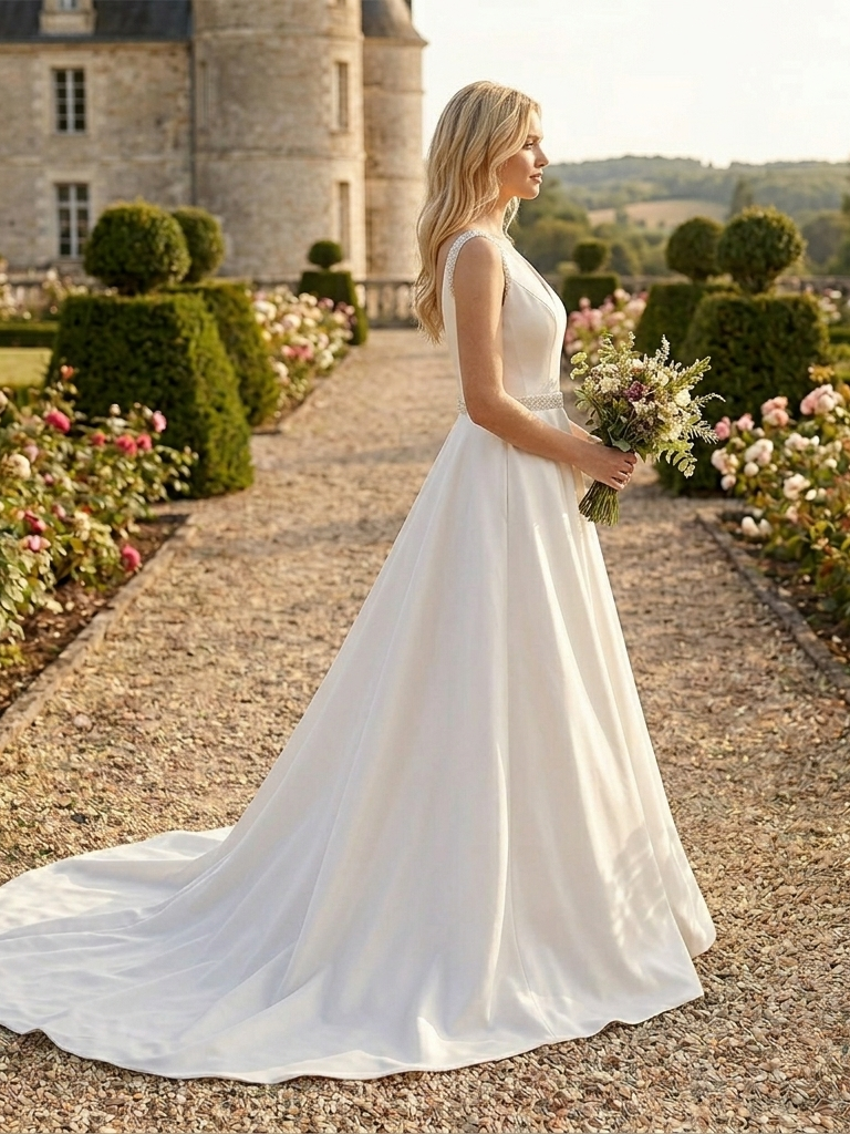 Lacey Bridal Ltd. AURORABELLE ivory satin A-line wedding gown with crystal beaded belt and train in a garden setting.