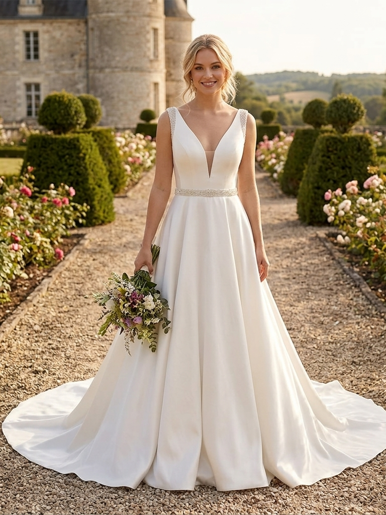 Lacey Bridal Ltd. AURORABELLE ivory satin A-line wedding gown with crystal beaded V-neck and embroidered waist belt.