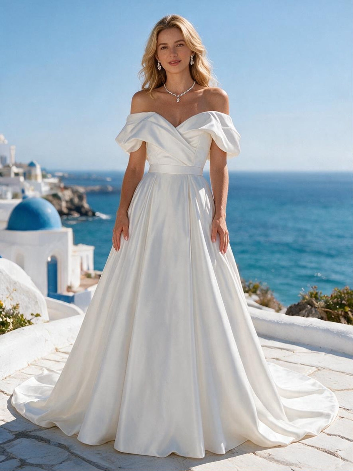 Lacey Bridal Ltd. Beatrice white satin wedding gown with off-the-shoulder crossover neckline and full pleated skirt.