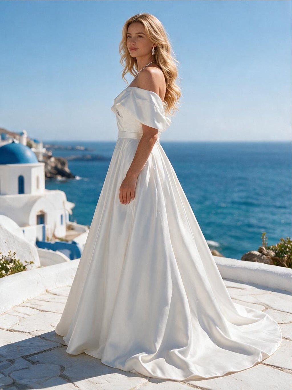 Lacey Bridal Ltd. Beatrice off-the-shoulder satin wedding gown with a ruched bodice and full skirt by the sea.