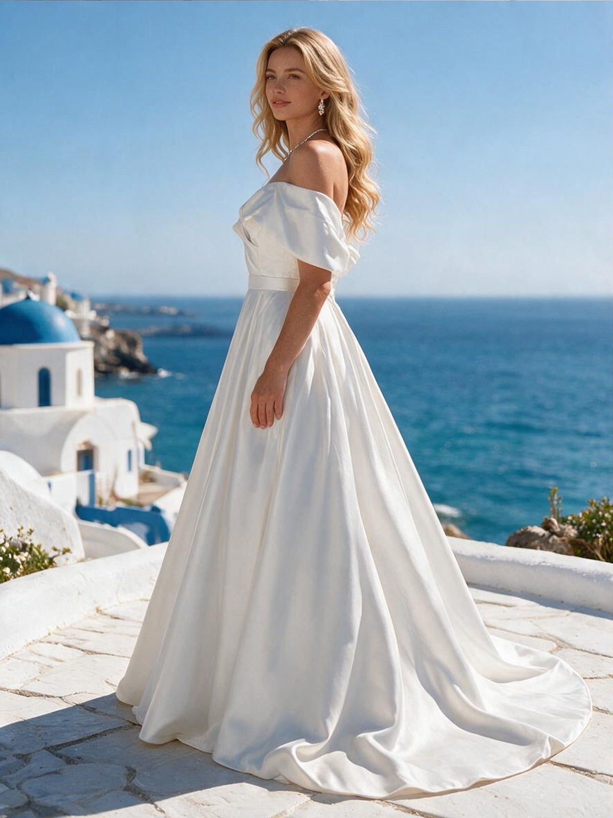 Lacey Bridal Ltd. Beatrice off-the-shoulder satin wedding gown with a ruched bodice and full skirt by the sea.