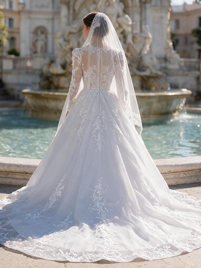 Lacey Bridal Ltd. Belinda A-line wedding gown with illusion lace back, long sleeves, and cathedral-length tulle train.