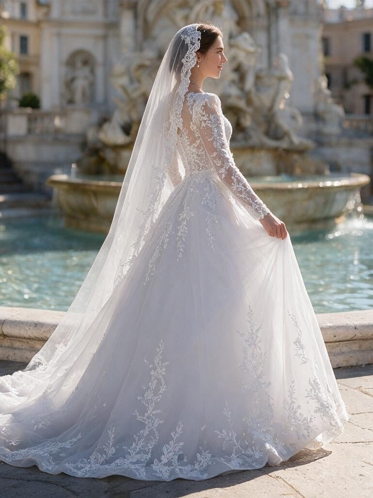 Lacey Bridal Ltd. Belinda long-sleeve A-line wedding gown with illusion lace back, tulle skirt, and cathedral train.