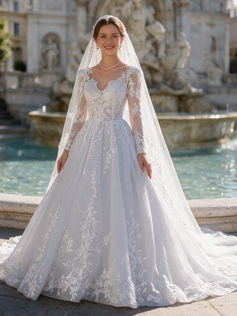 Lacey Bridal Ltd. Belinda A-line wedding gown with long illusion lace sleeves, floral appliqués, and tulle skirt.