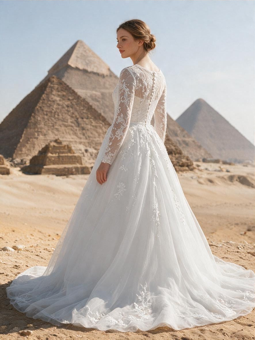 Lacey Bridal Ltd. Callista A-line wedding gown with long lace sleeves and tulle skirt in front of Egyptian pyramids.