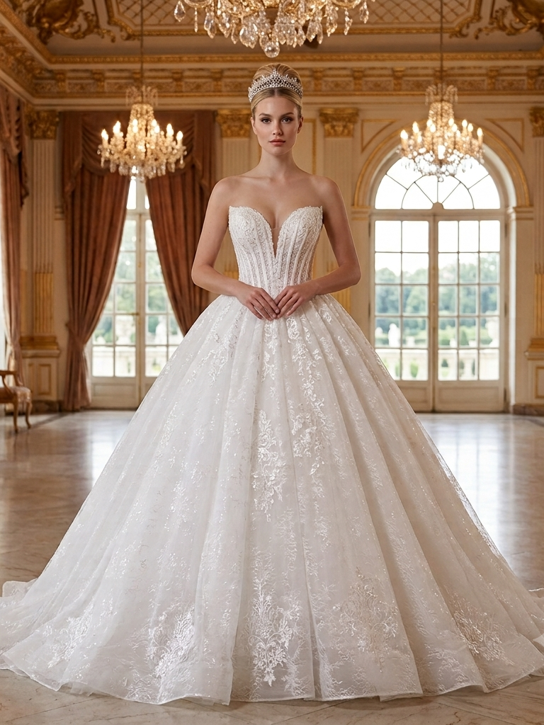 Lacey Bridal Ltd. Camellia ball gown with sweetheart neckline, pearl-embellished corset, and floral tulle skirt.