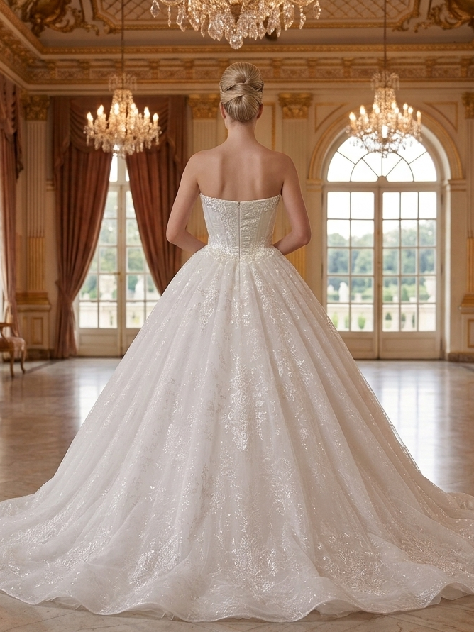 Lacey Bridal Ltd. Camellia ball gown with pearl-embellished corset bodice and glitter tulle skirt in a grand ballroom.