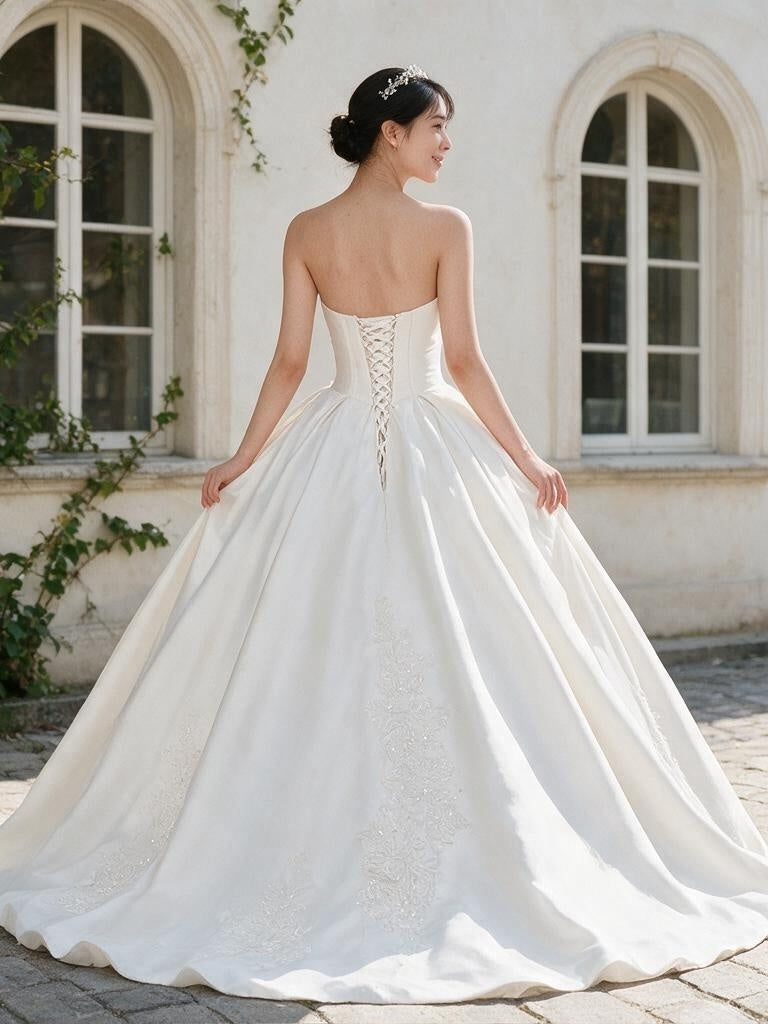 Lacey Bridal Ltd. CAROLINA strapless satin ballgown with lace-up corset back and voluminous skirt with lace insets.