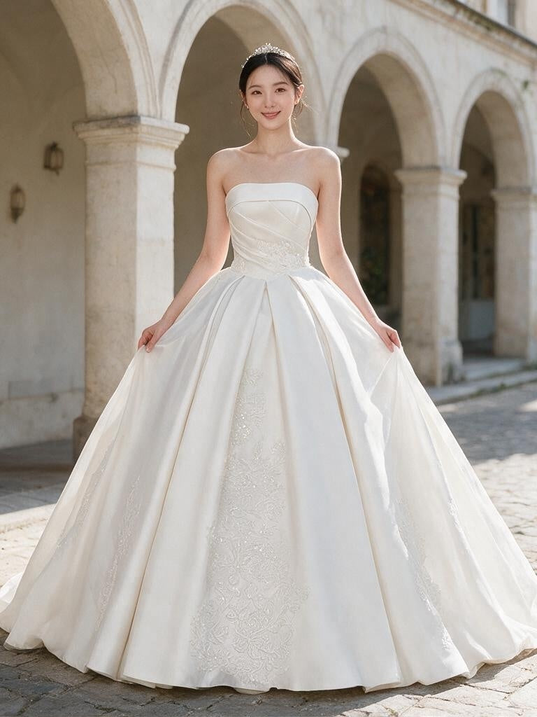 Lacey Bridal Ltd. CAROLINA strapless satin ballgown with architectural draping, lace-up back, and shimmering lace panels.