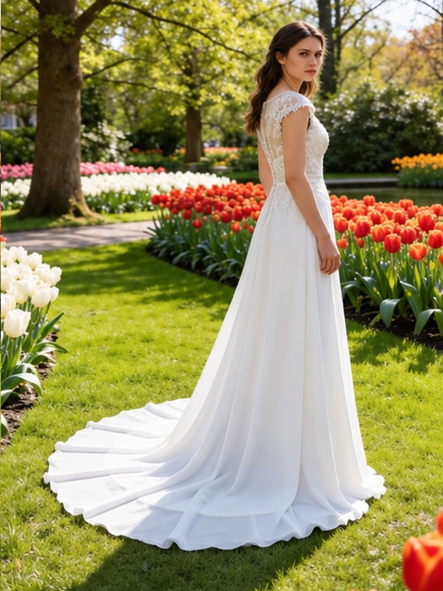 Lacey Bridal Ltd. CECILIA chiffon A-line wedding gown with botanical embroidery, illusion back, and sweep train.