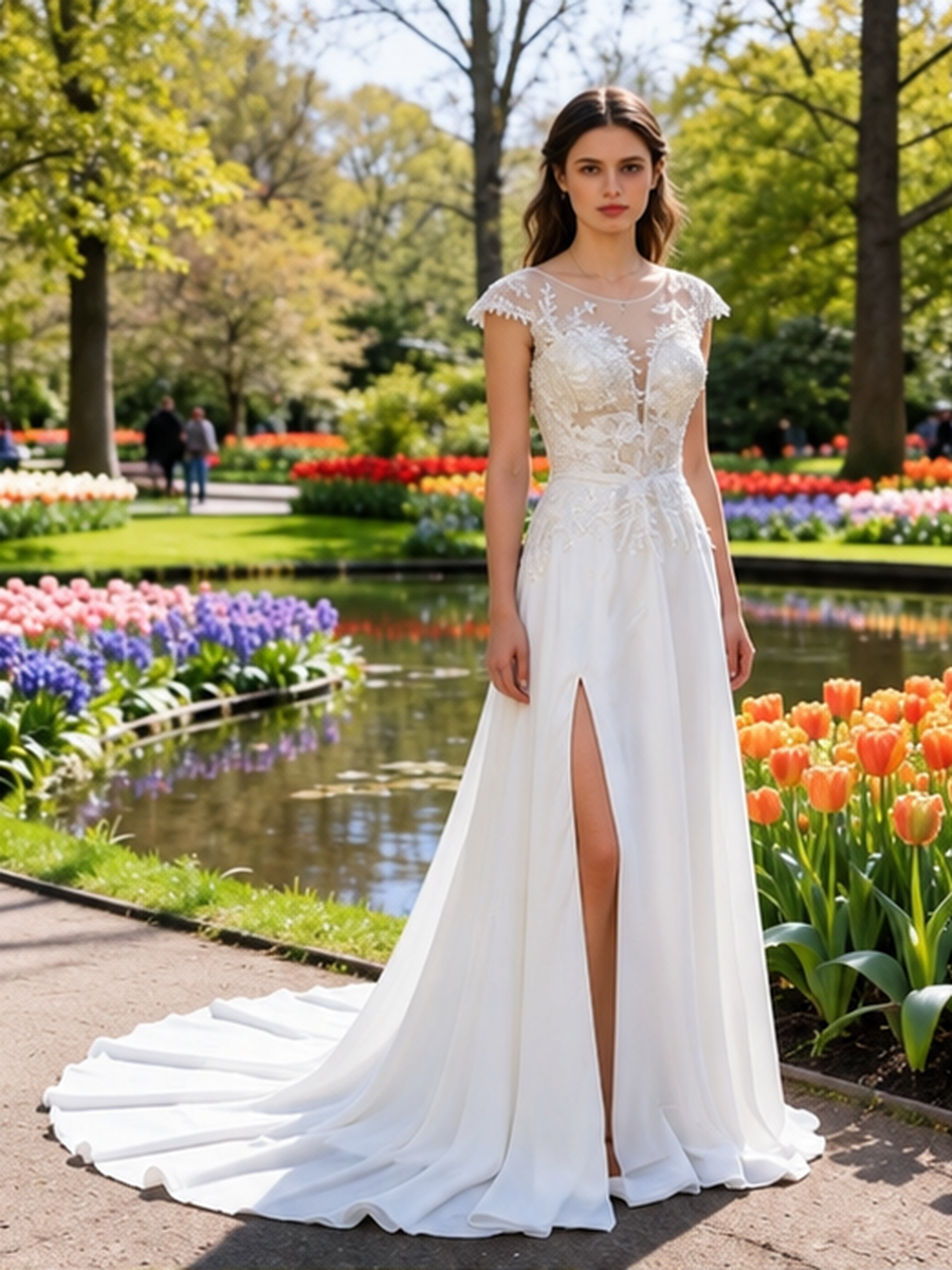Lacey Bridal Ltd. CECILIA chiffon A-line wedding gown with botanical embroidery, illusion neckline, and thigh-high slit.
