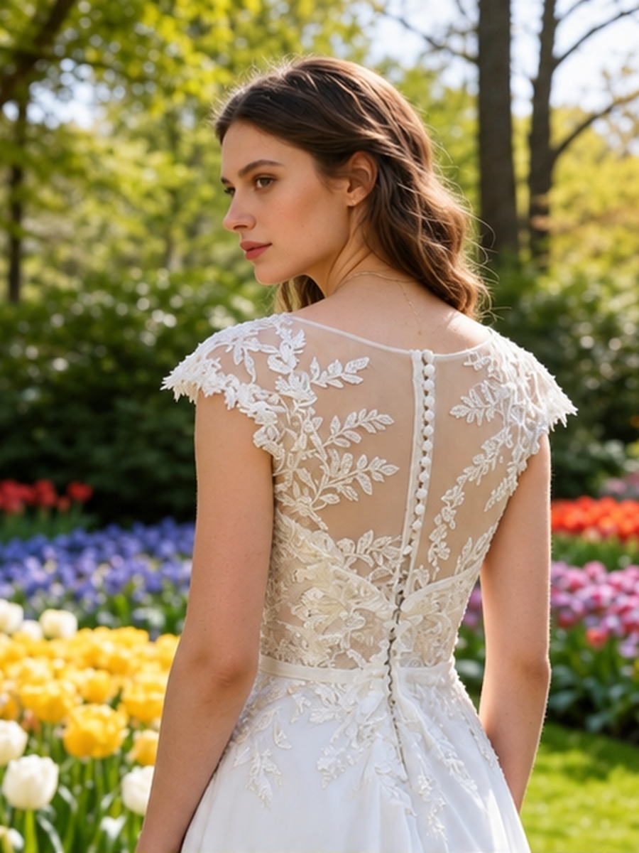 Lacey Bridal Ltd. CECILIA bohemian chiffon wedding gown with illusion back, botanical embroidery, and button details.