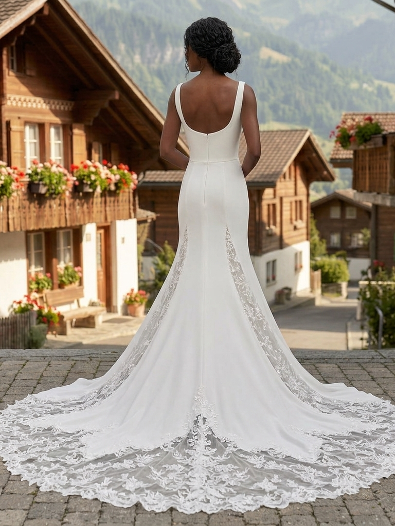 Back view of Lacey Bridal Ltd. Celeste crepe fit-and-flare wedding gown with lace illusion godets and chapel train.