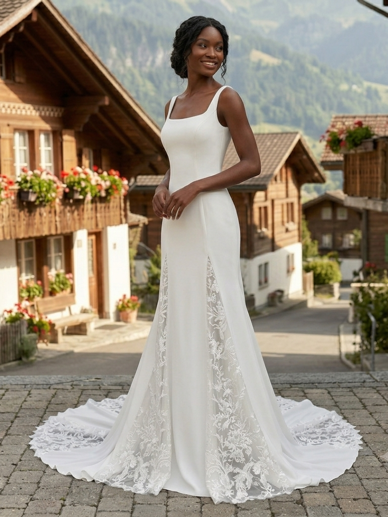 Lacey Bridal Ltd. Celeste crepe fit-and-flare wedding gown with square neckline and lace illusion skirt godets.