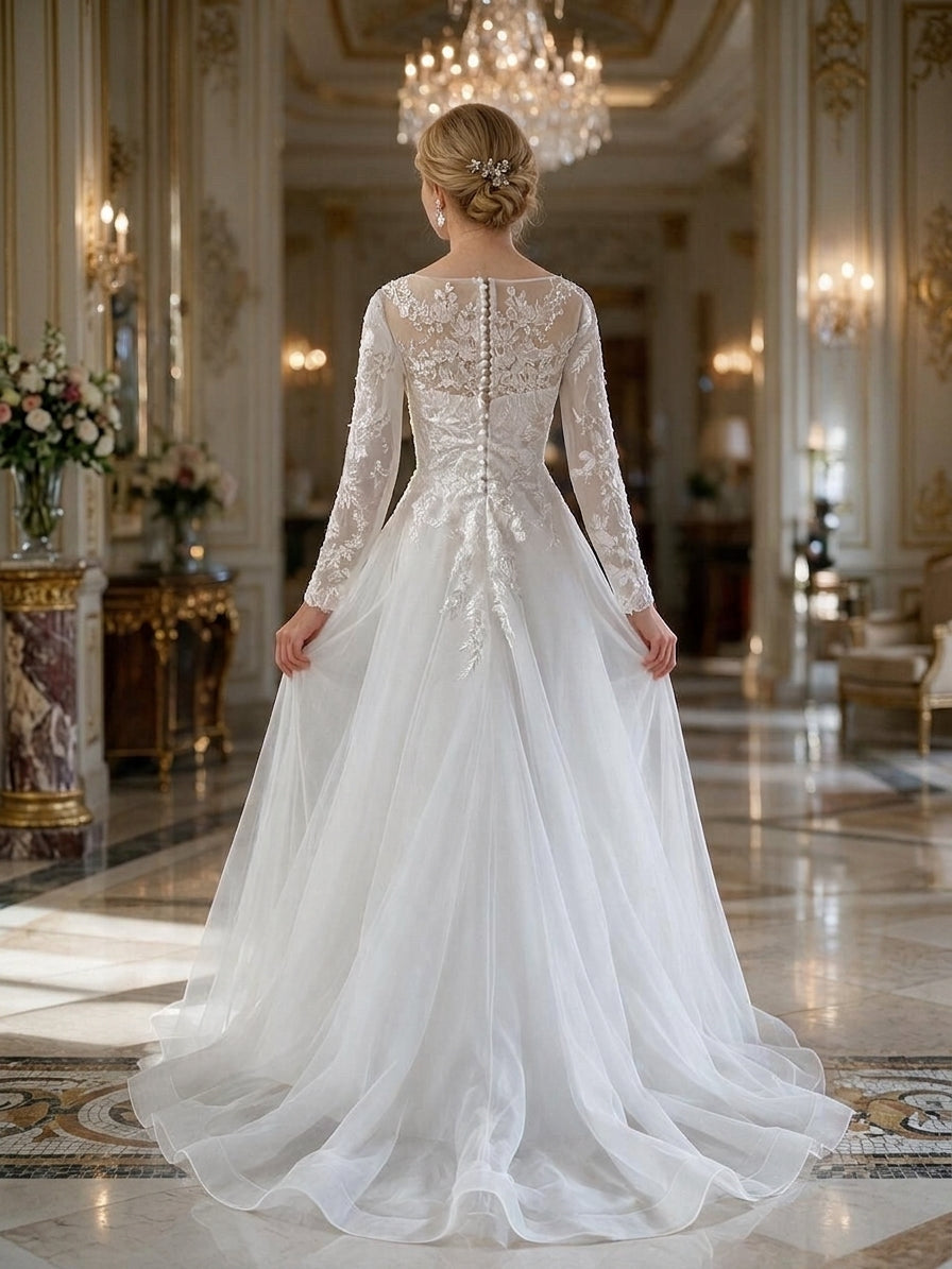 Lacey Bridal Ltd. Claudia A-line wedding gown with sheer illusion back, long lace sleeves, and fabric-covered buttons.