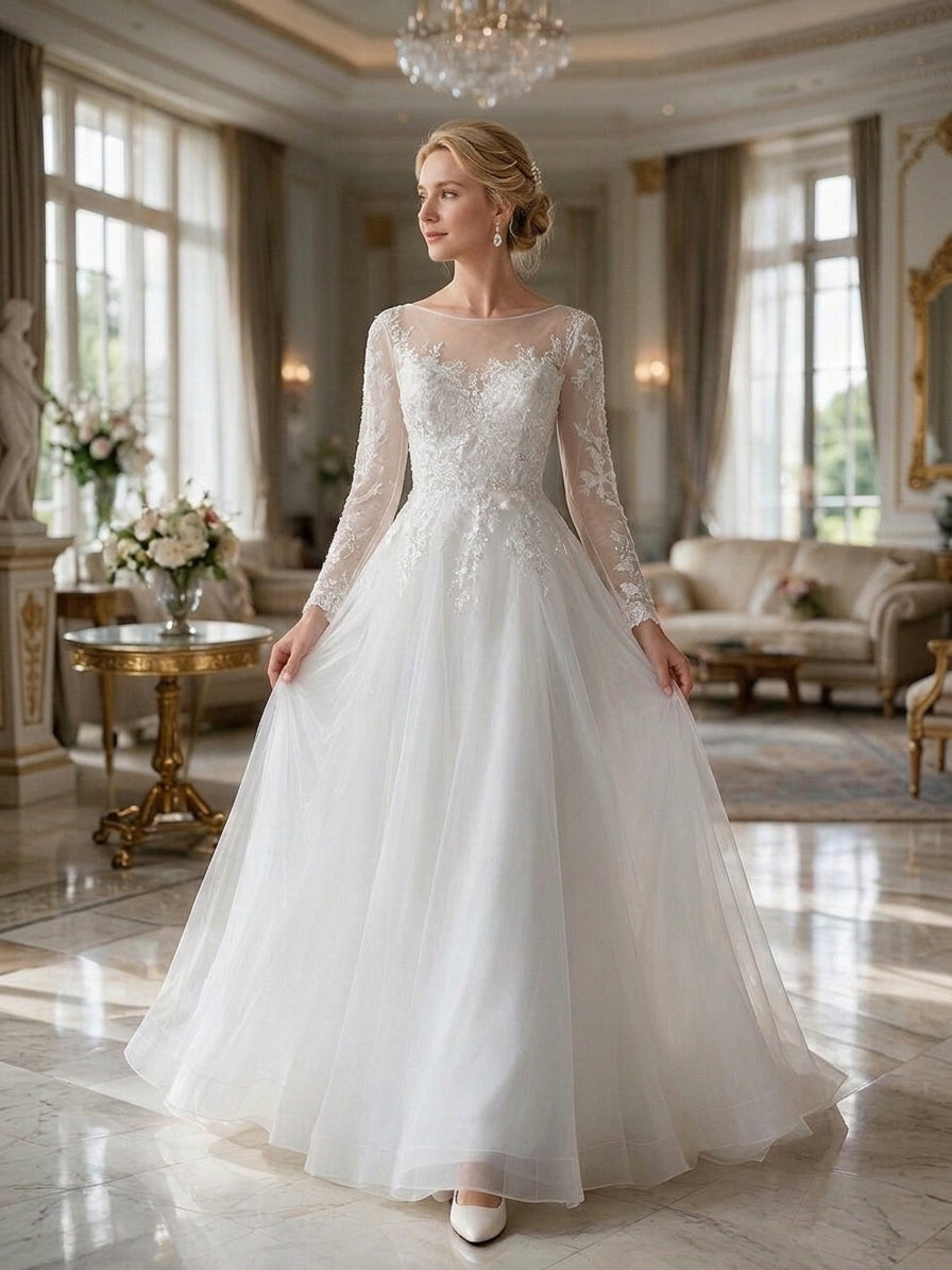 Lacey Bridal Ltd. Claudia A-line wedding gown with long sheer sleeves, floral lace appliqués, and illusion neckline.