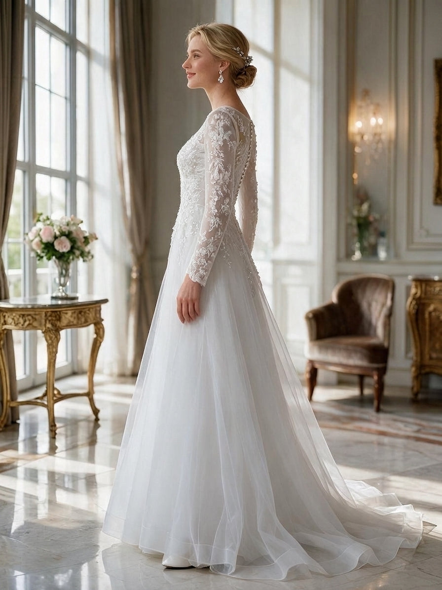 Lacey Bridal Ltd. CLAUDIA long-sleeve A-line wedding gown with floral lace, illusion neckline, and tulle skirt.