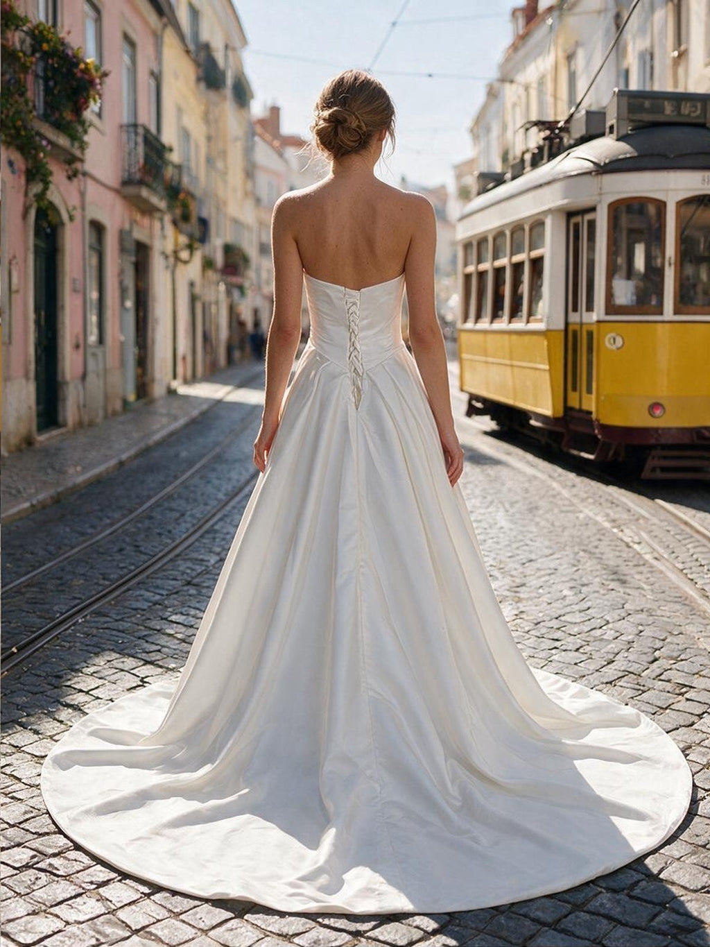 Lacey Bridal Ltd. Constance satin ball gown with corset back, sweetheart neckline, and sweeping train on city street.