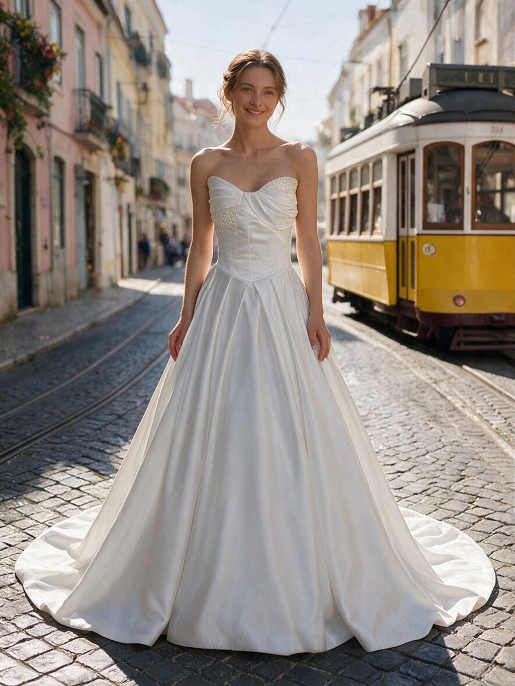 Lacey Bridal Ltd. Constance satin ball gown with strapless sweetheart neckline, pearl accents, and full pleated skirt.