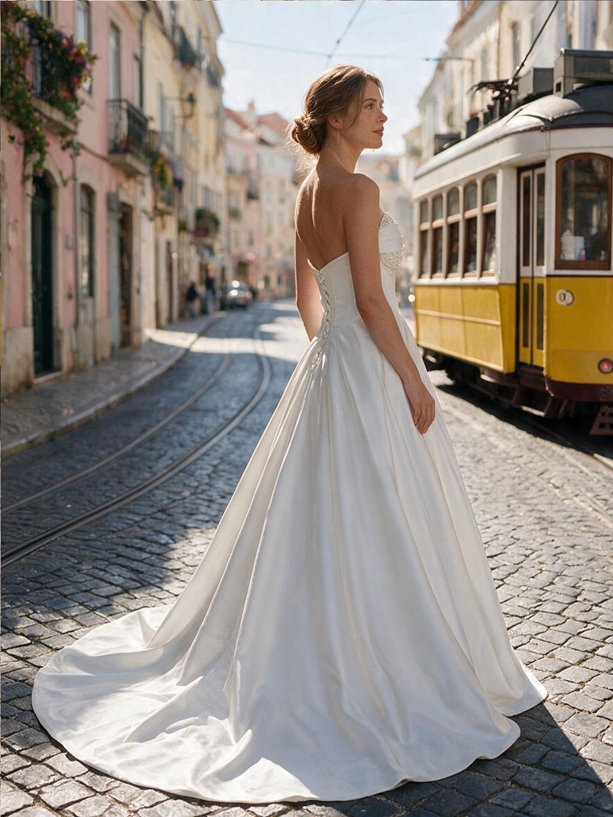 Lacey Bridal Ltd. Constance satin ball gown with strapless sweetheart neckline and corset back on a cobblestone street