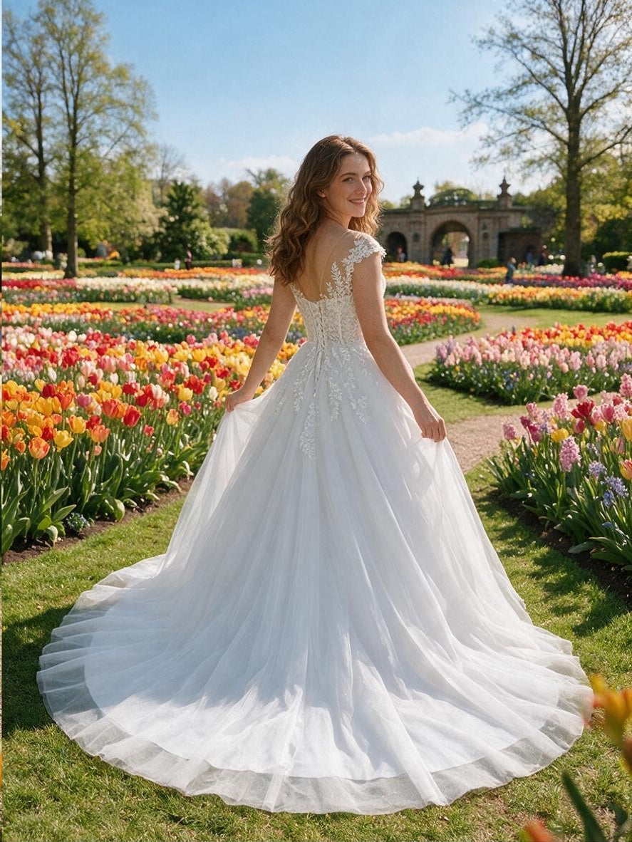 Lacey Bridal Ltd. Coralie ball gown with leaf embroidery, illusion back, and tulle skirt in a vibrant tulip garden.