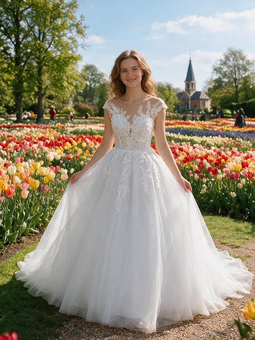 Lacey Bridal Ltd. Coralie ball gown with leaf embroidery, sheer cap sleeves, and tulle skirt in a tulip garden.