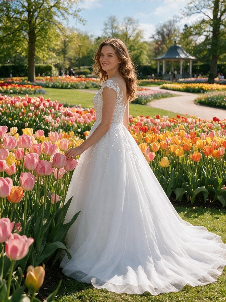 Lacey Bridal Ltd. Coralie ball gown with leaf embroidery and tulle skirt in a sunny garden with blooming tulips.