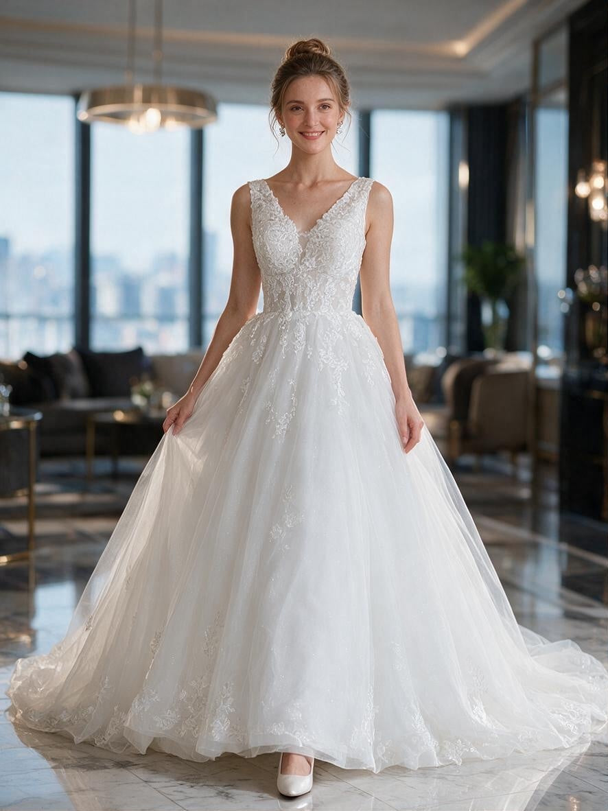 Lacey Bridal Ltd. Cordelia A-line wedding gown with V-neck, lace bodice, and shimmering layered tulle skirt.