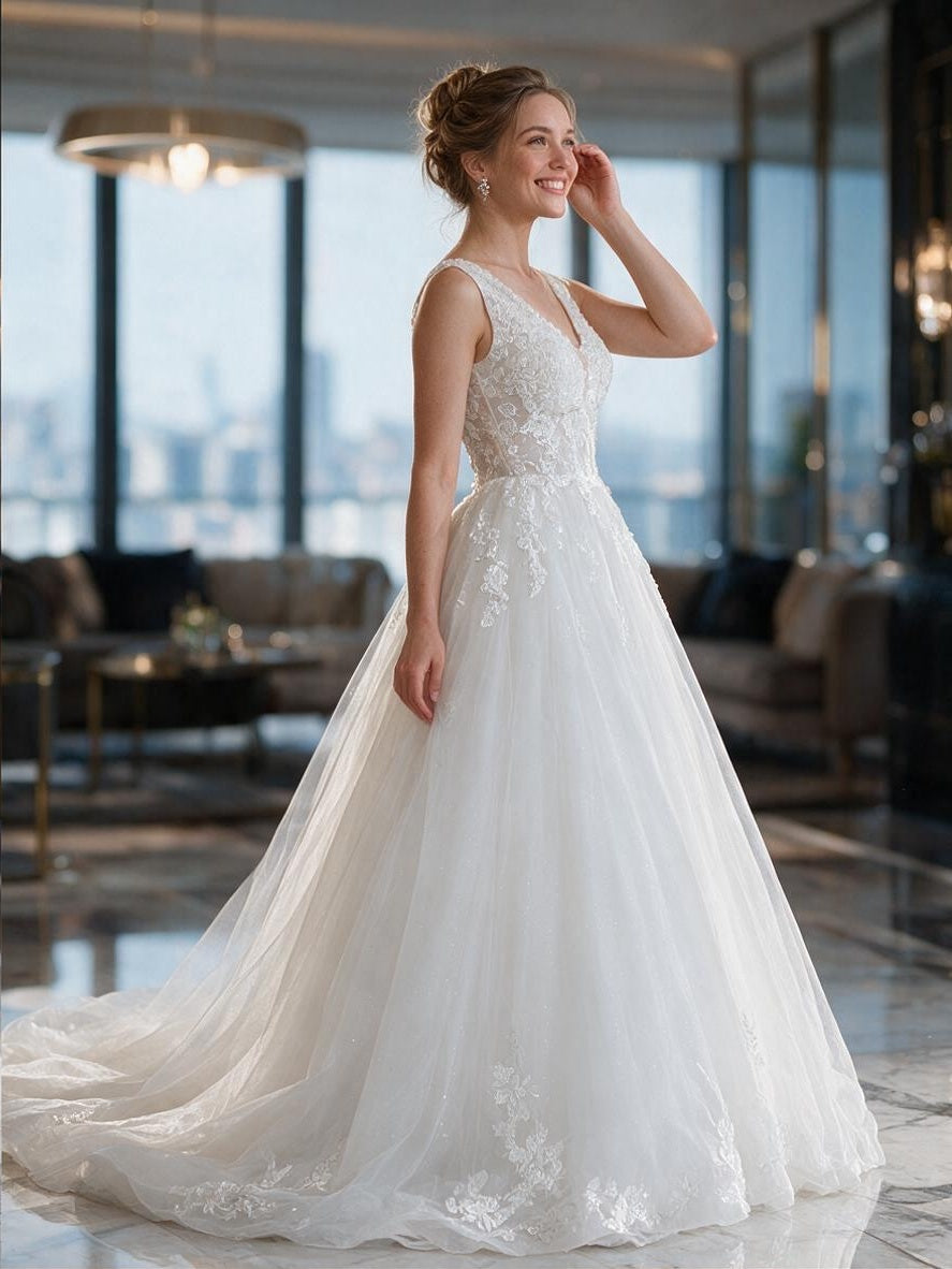 Lacey Bridal Ltd. Cordelia A-line wedding gown with V-neckline, lace bodice, and shimmering layered tulle skirt.