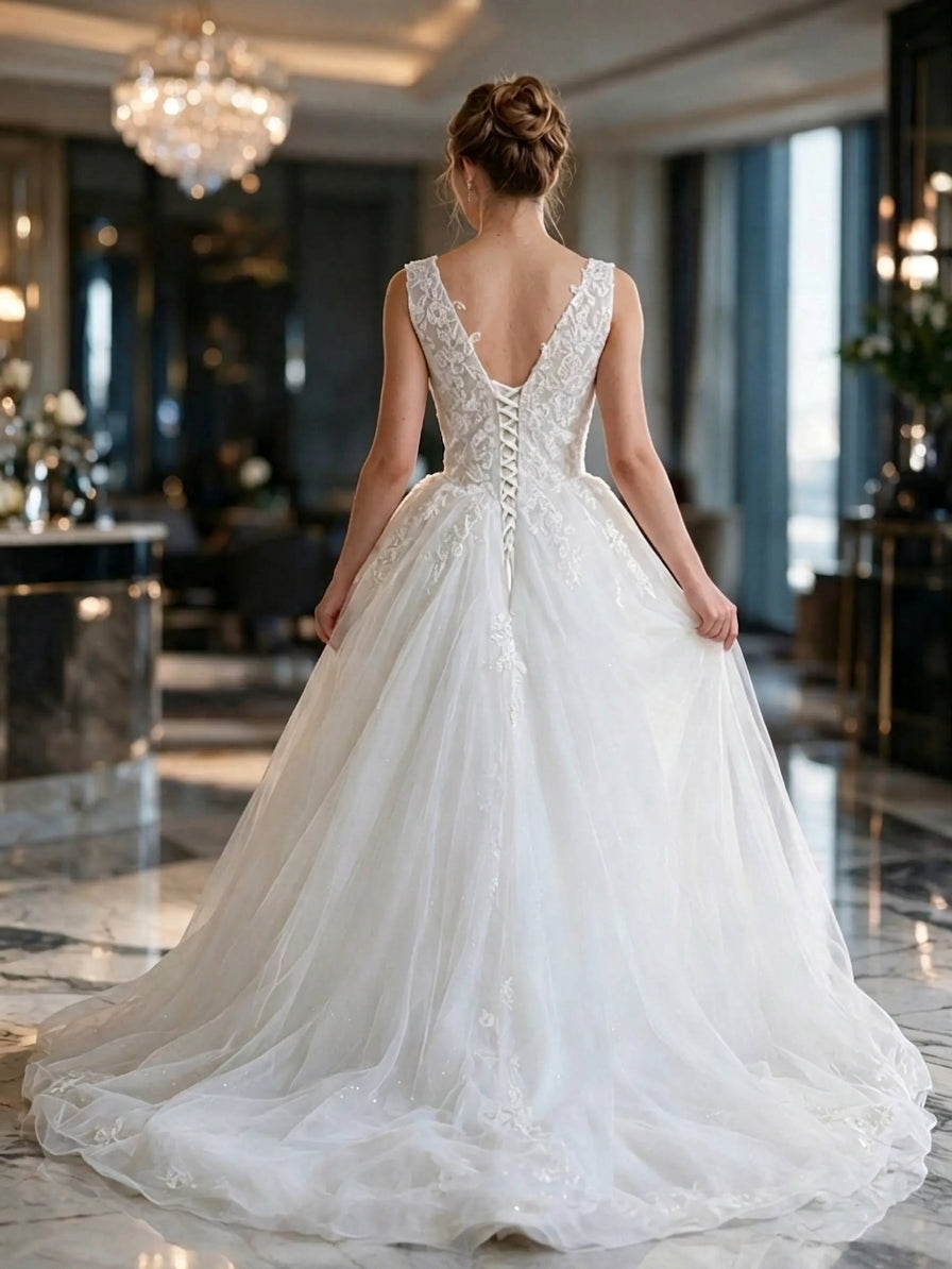 Lacey Bridal Ltd. Cordelia A-line wedding gown with sheer lace back, corset closure, and shimmering tulle skirt.