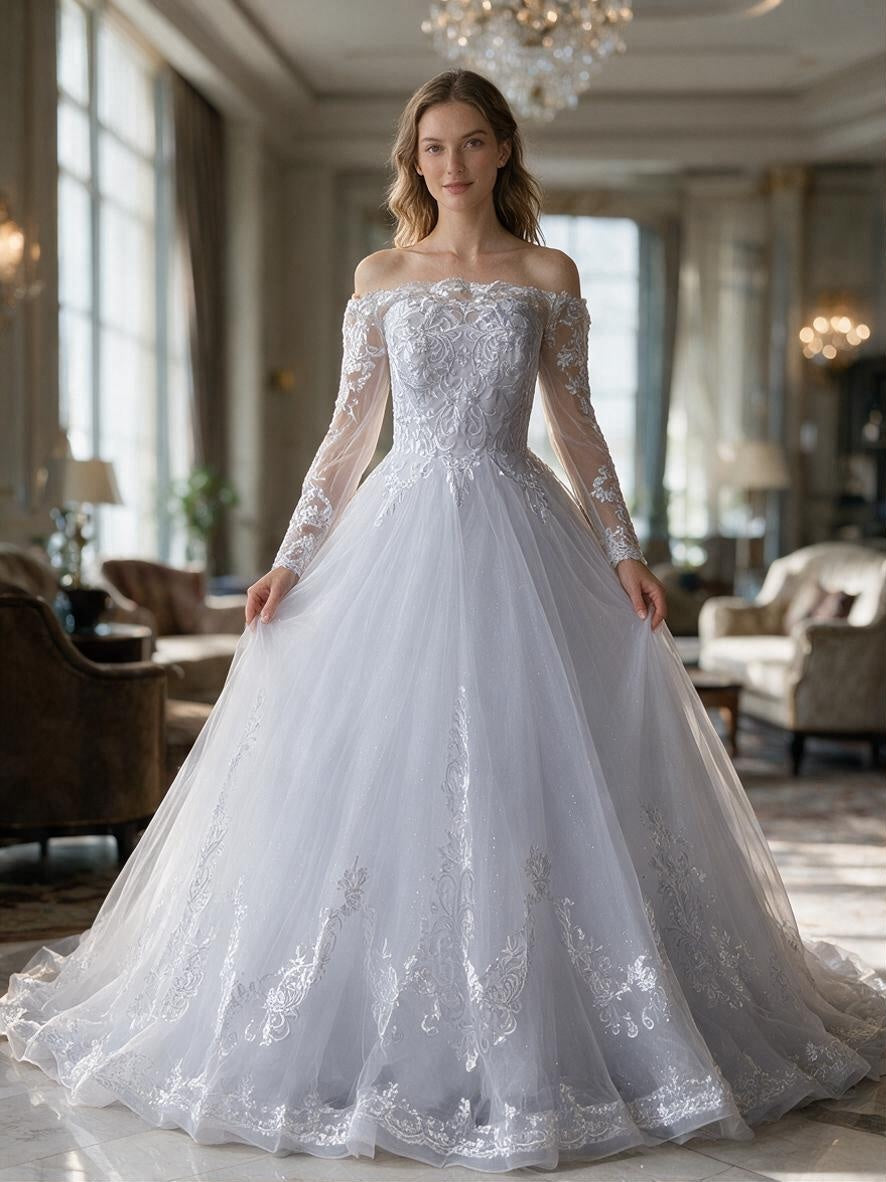 Lacey Bridal Ltd. Cornelia ball gown with off-the-shoulder illusion neckline, long lace sleeves, and tulle skirt.