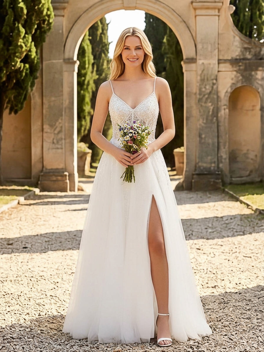 Lacey Bridal Ltd. Daphne A-line wedding gown with beaded bodice, floral embroidery, and a thigh-high split skirt.